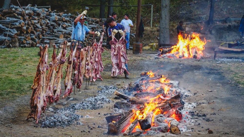 Whole Patagonian lambs being prepared and roasted over open fires at Fiesta Nacional del Asado in Cholila Argentina, with gauchos arranging cordero patagonico on metal crosses beside blazing wood embers in a traditional outdoor barbecue setting
