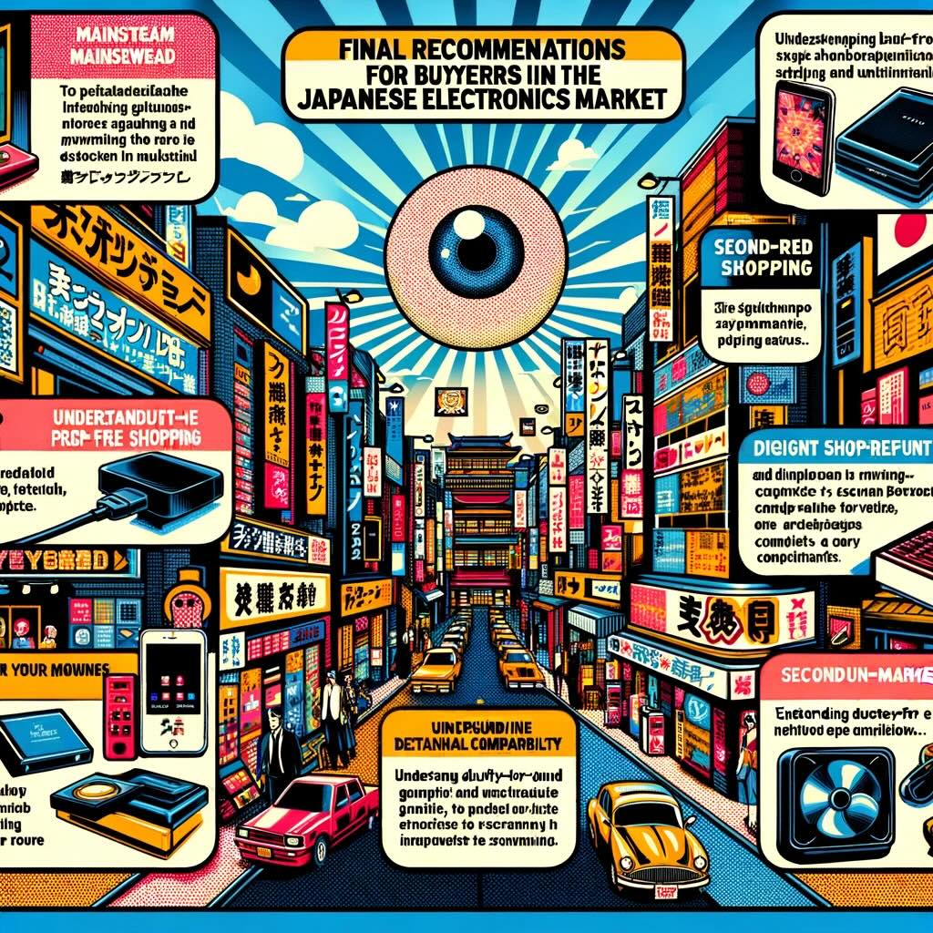 Final recommendations for buyers in the Japanese electronics market, encapsulates the blend of mainstream and unconventional shopping experiences in Japan, from the bustling districts of Tokyo and Osaka to the expansive digital storefronts. The composition includes visual representations of unique and whimsical gadgets that are distinct to Japan, highlighting the vast array of choices available to shoppers. The image also depicts aspects of diligent shopping practices, such as understanding duty-free shopping, tax refunds, and ensuring international compatibility. Additionally, for those interested in the second-hand market, it symbolizes the importance of having a discerning eye for quality and authenticity. Overall, the composition is both informative and visually appealing, capturing the essence of smart shopping in the vibrant and diverse world of Japanese electronics. The Pop art style adds a lively and dynamic touch, reflecting the exciting and unique nature of this dynamic market