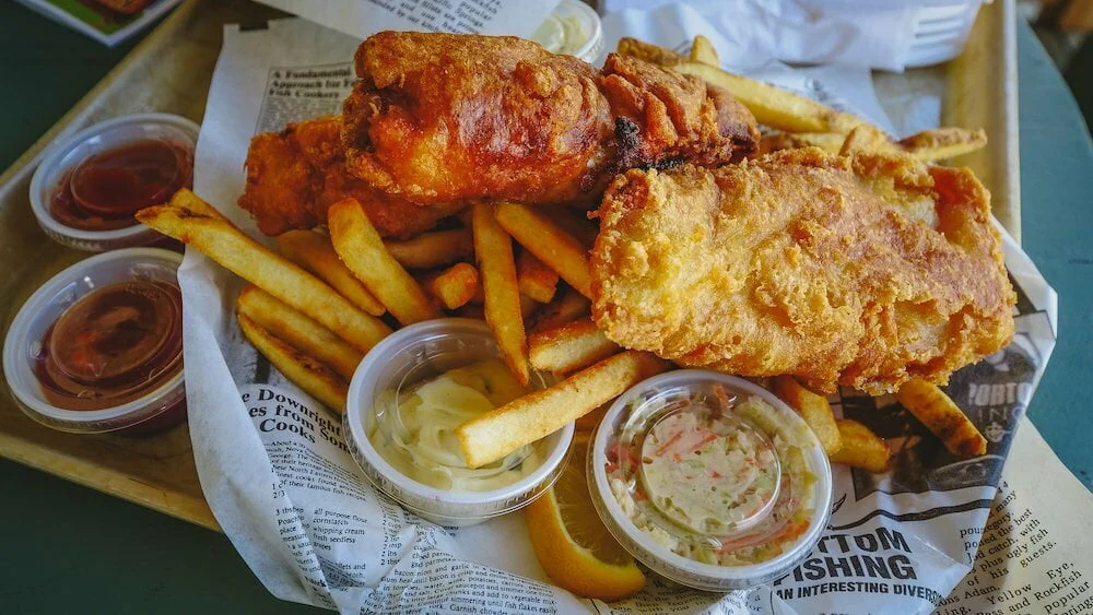 Eating fish and chips in Fredericton, New Brunswick, Canada 