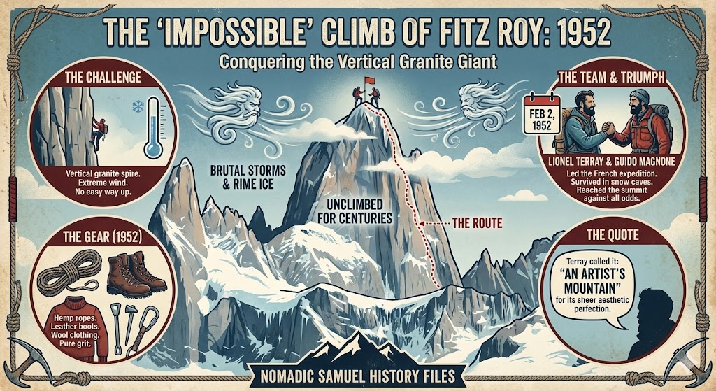 Retro-style infographic of the 1952 first ascent of Mount Fitz Roy by Lionel Terray and Guido Magnone, detailing the vertical granite challenge, 1950s climbing gear, and the successful route.