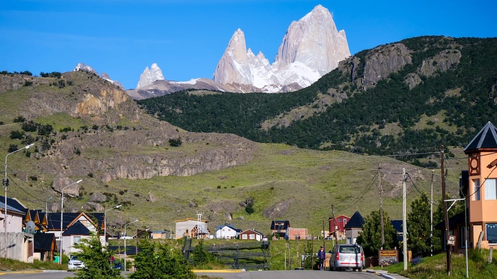 Fitz Roy viewed from El Chalten town in Patagonia where the mountain appears smaller and more distant due to foreground compression creating a misleading sense of scale that feels dramatically different when seen up close on the trails