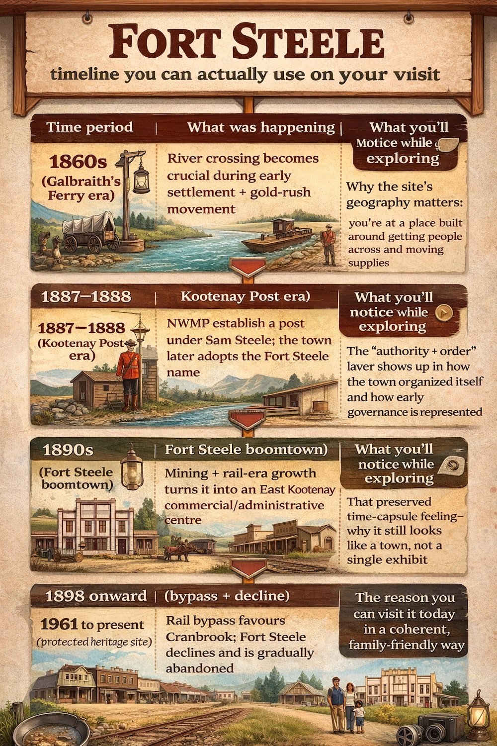 Fort Steele Heritage Town near Cranbrook, BC timeline infographic showing five eras—from Galbraith’s Ferry (1860s) to Kootenay Post (1887–88), boomtown 1890s, rail bypass 1898+, and heritage site since 1961.