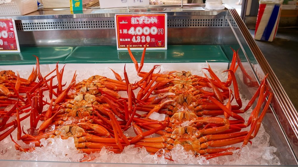 Fresh lobster and seafood for sale at Pier Bandai in Niigata, Japan 