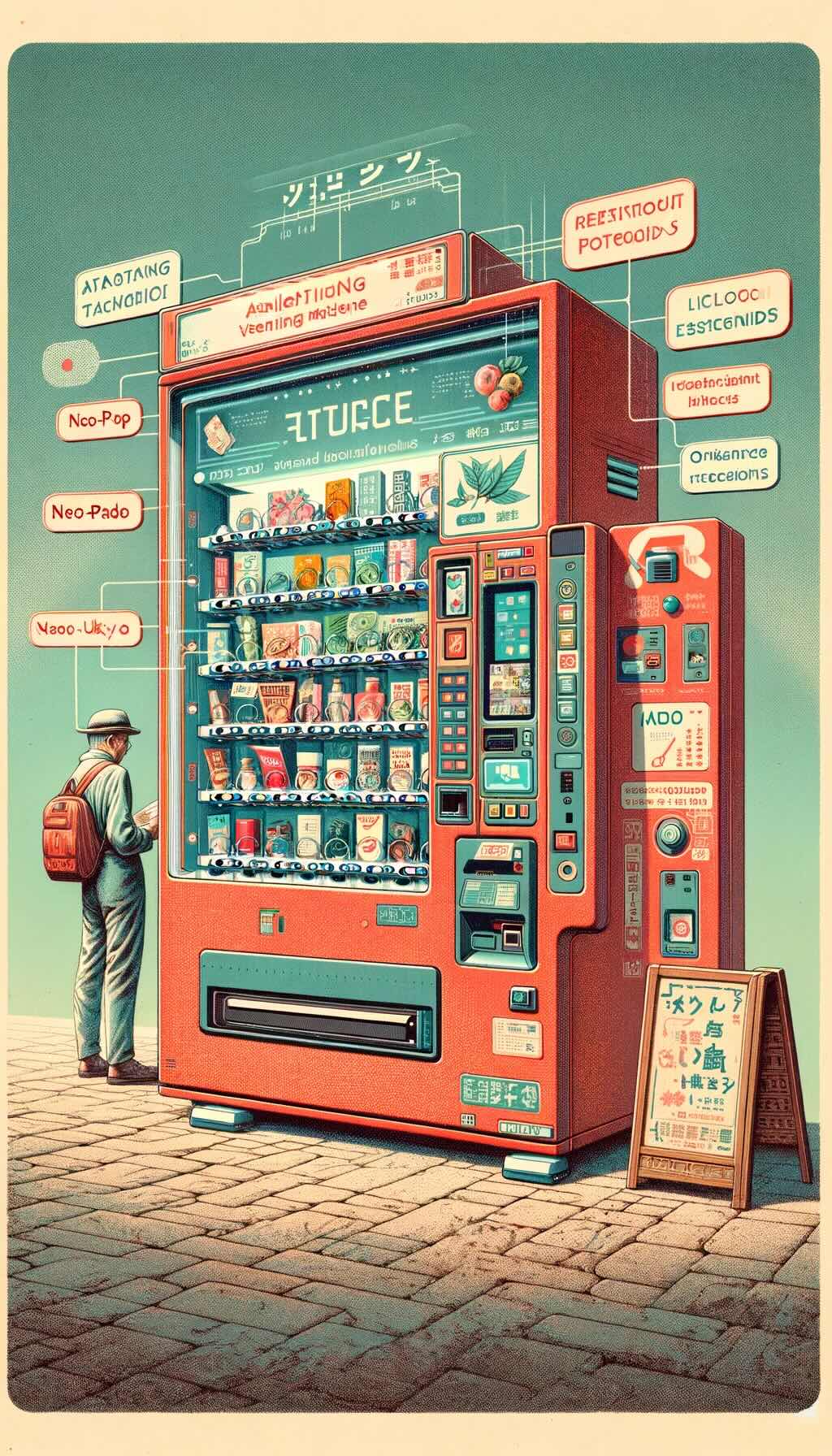 Future of Japan's vending machines, features advanced vending machines, but rendered with a nostalgic color palette and a faded aesthetic, providing a sense of vintage charm. These machines, while showcasing modern features like AI and facial recognition, are depicted in a retro style, dispensing a variety of products including eco-friendly items and health products, all imbued with a sense of nostalgia. The image captures scenes of interaction that blend the old and the new, such as individuals using a mobile app in a retro setting or elderly citizens accessing goods from these stylishly vintage machines. Overall, the artwork beautifully marries cutting-edge technology with a retro flair, reflecting a futuristic yet nostalgically toned evolution of Japan's vending machine culture.