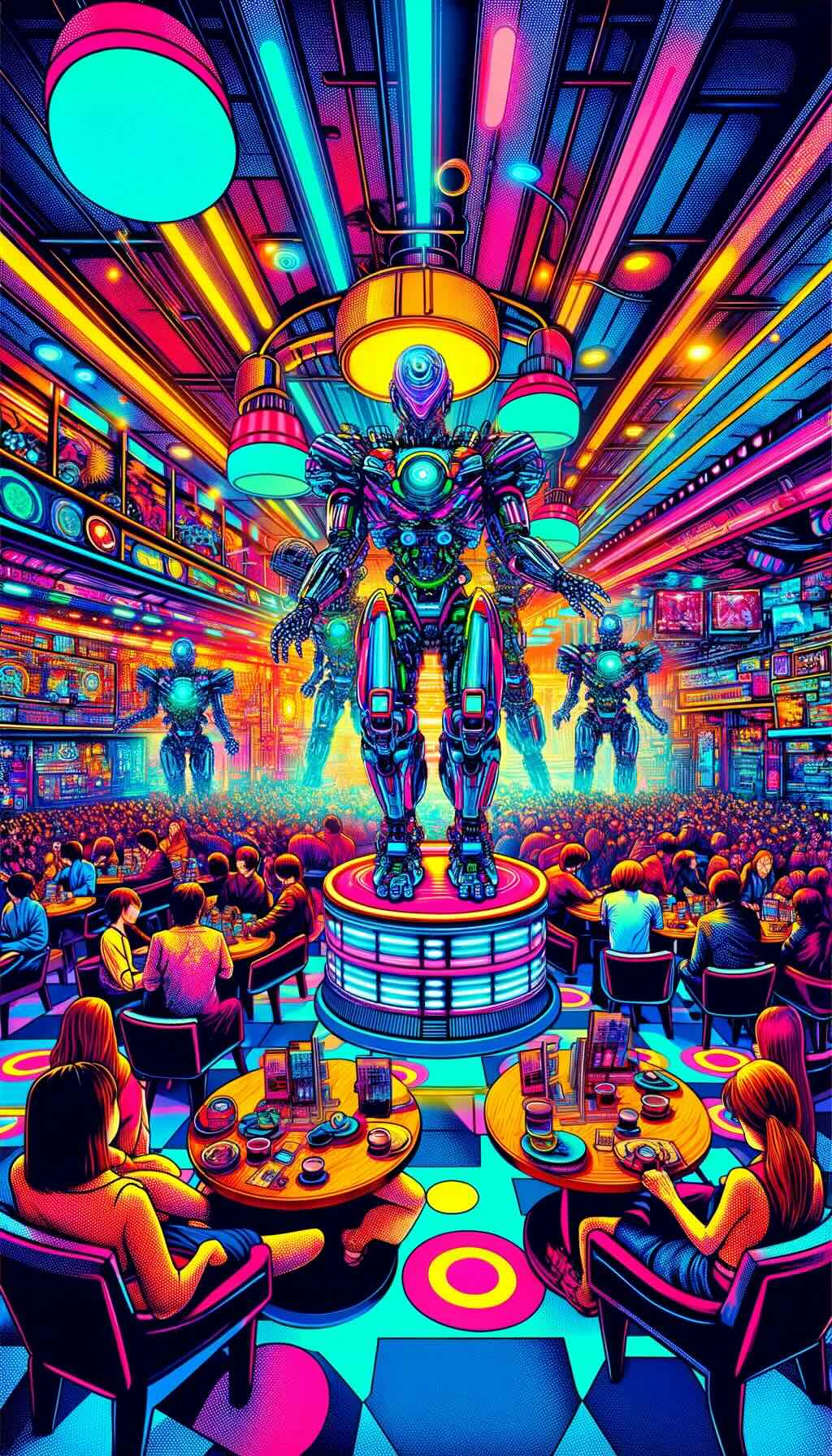 Futuristic and dynamic ambiance of a robot cafe in Tokyo is filled with neon lights, mechanical wonders, and robots engaging in choreographed performances, encapsulating the fusion of technology, art, and entertainment