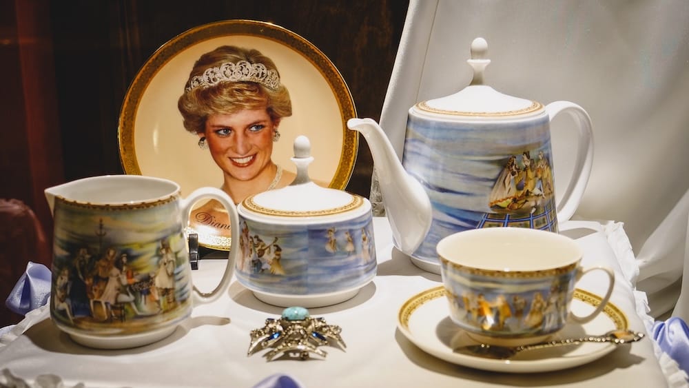 Princess Diana tea set in Gaiman Patagonia at Welsh tea house Ty Te Caerdydd Welsh tea set with Princess Diana plate at Ty Te Caerdydd in Gaiman Patagonia Argentina showcasing British cultural heritage and traditional tea customs in the region