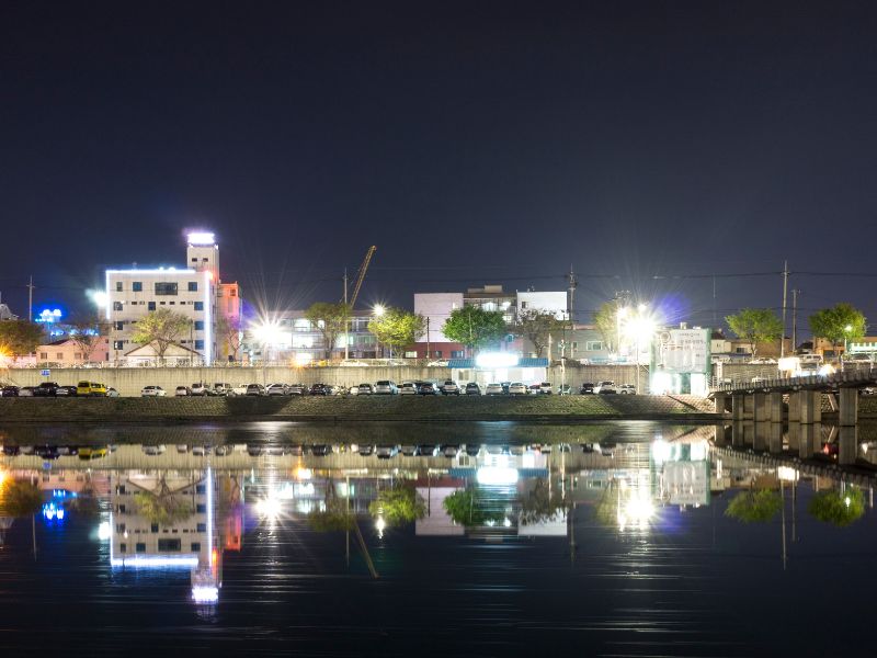 Gangneung night views with water reflections in South Korea 