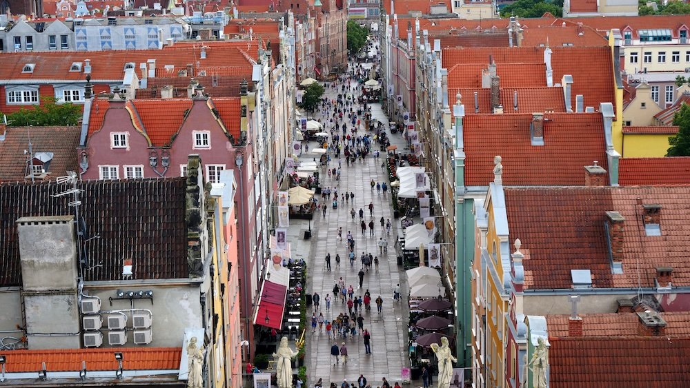 Gdansk pedestrians walkway from a high vantage point in Gdansk, Poland