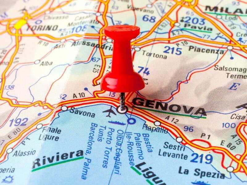 Genoa pinned on a map in Italy for travelers 