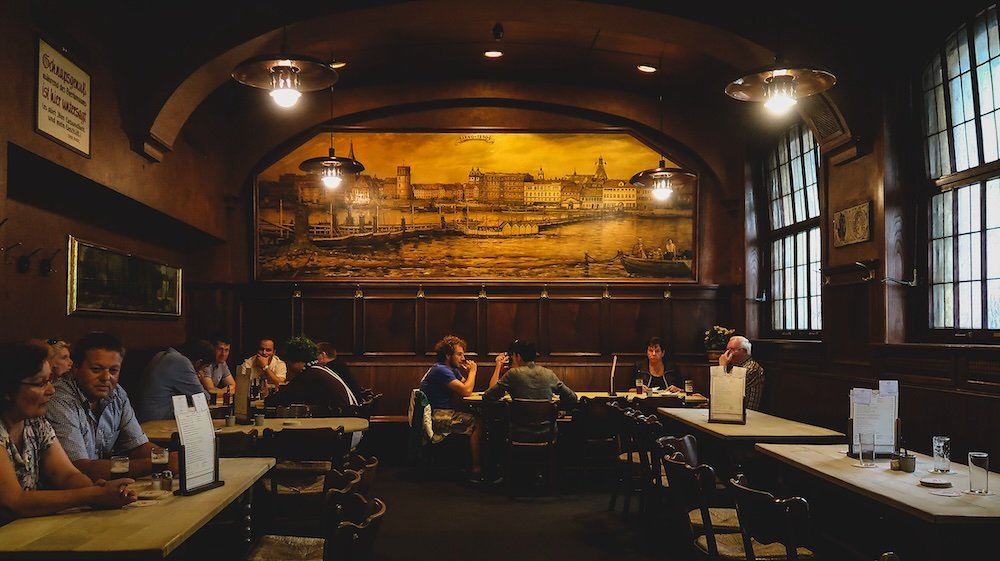 German beer hall scene in Dusseldorf, Germany 