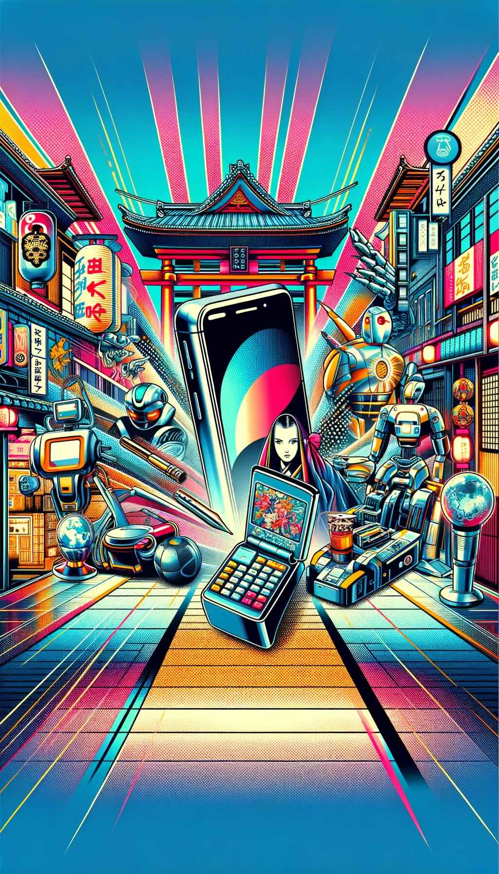 Global significance of Japanese electronics and gadgets features iconic Japanese electronic items like sleek smartphones and advanced robotics, portraying them as cultural ambassadors that blend traditional Japanese aesthetics with futuristic innovation. The background evokes the high-tech corridors of Japan, with a vibrant mix of traditional Japanese motifs and futuristic elements, encapsulating the essence of the Japanese tech revolution