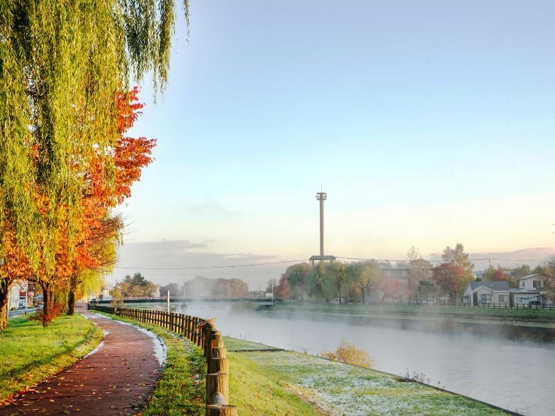 Gorgeous Chitose riverside views in Hokkaido, Japan with autumn colours with morning mist rising