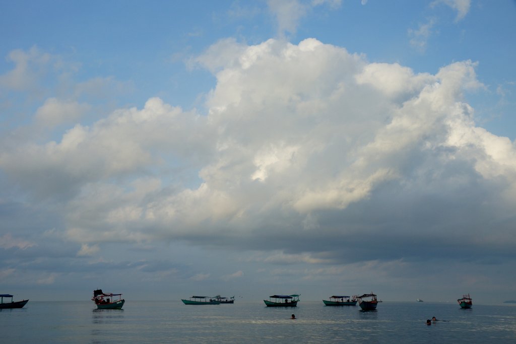 Gorgeous skies with huge fluffy white clouds in Sihanoukville, Cambodia
