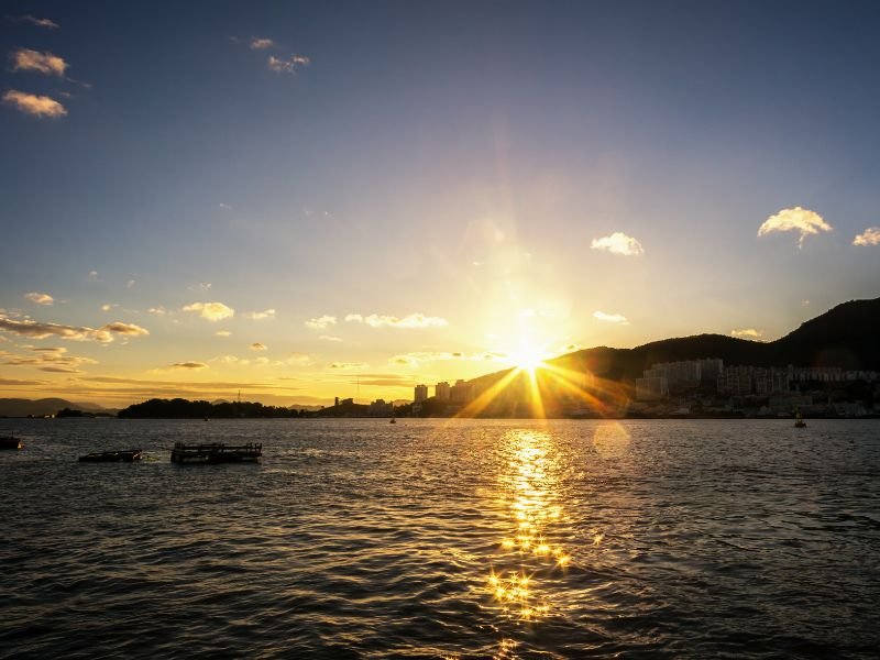 Gorgeous Yeosu sunset with sun glowing on the water in South Korea