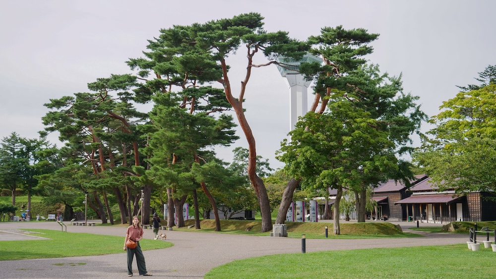 Audrey Bergner standing on a paved path in Goryokaku Park in Hakodate, Hokkaido, Japan, surrounded by tall pine trees and green lawns, with the white Goryokaku Tower rising above the treetops.