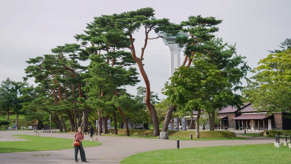 Audrey Bergner stands on a gravel path in Goryokaku Park in Hakodate, Hokkaido, Japan, beneath tall pine trees with Goryokaku Tower rising behind them and a low wooden building to the right under an overcast sky.