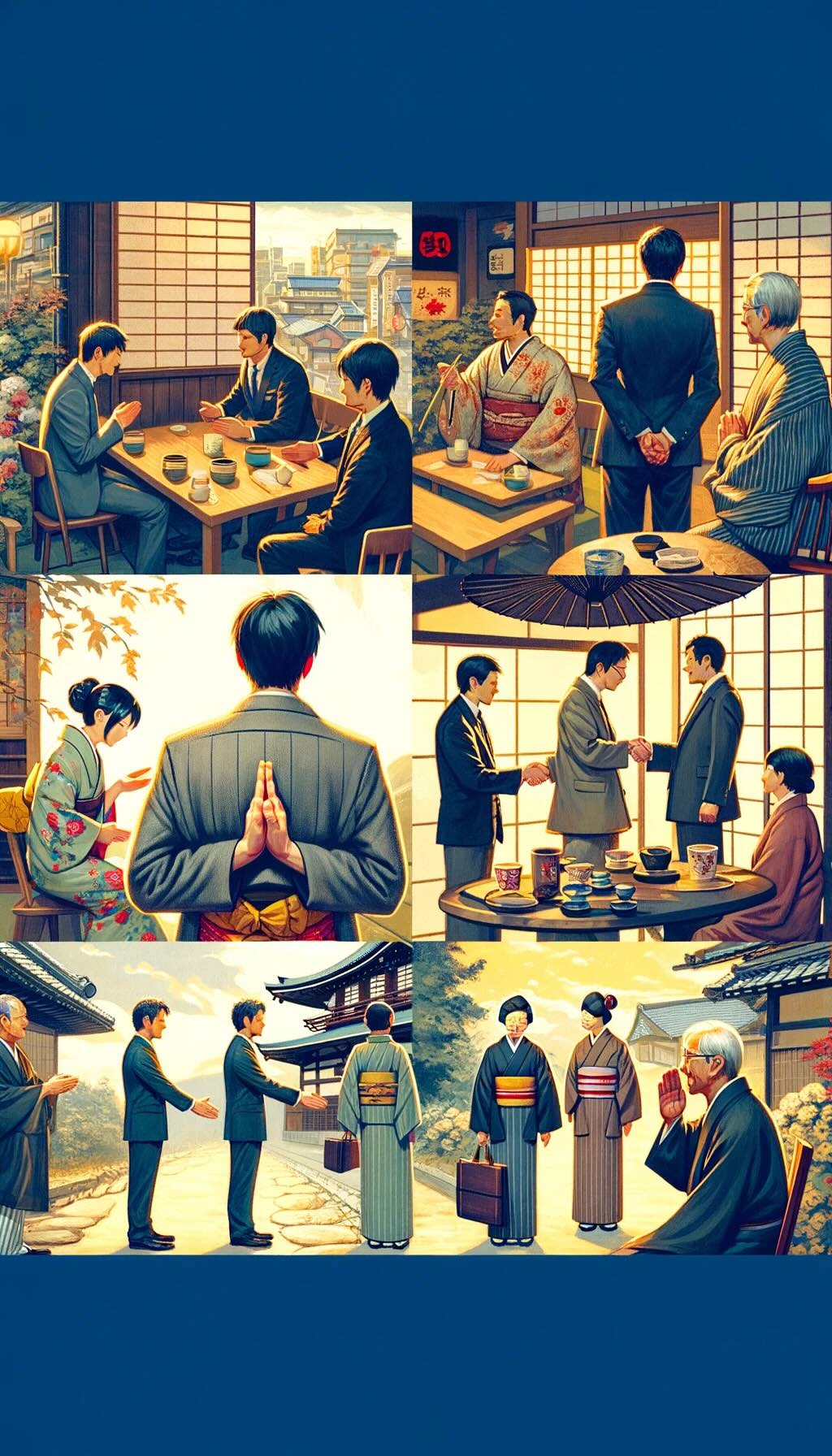 Greeting etiquette in various settings in Japan depicts social greetings in casual encounters like izakayas or tea houses, with light bows and phrases like 'Konnichiwa' or 'Ohayou'. The artwork illustrates professional greetings in business settings, highlighting deeper bows, handshakes, and formal language. Additionally, it shows greetings with elders or superiors, emphasizing deeper bows, respectful language, and an attitude of reverence. Each scene in the image captures the warmth in casual greetings, the professionalism in business encounters, and the deference in greeting elders and superiors, reflecting the harmony and respect embedded in Japanese greeting customs
