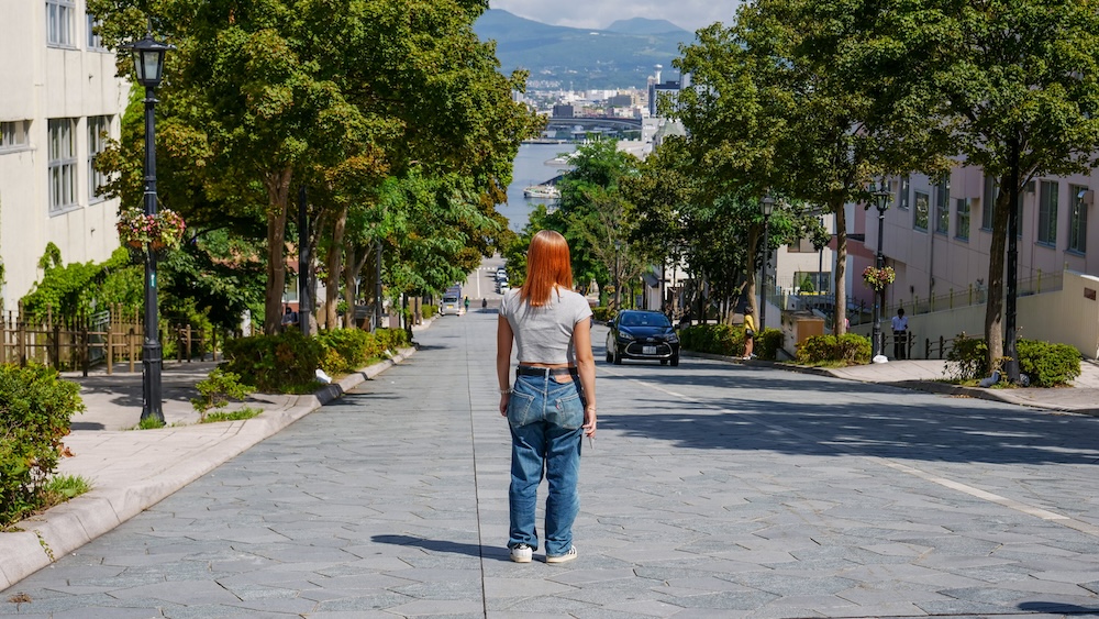 Hachimanzaka Slope in Motomachi, Hakodate, Hokkaido, Japan – Tree-Lined Historic Street and Harbour View A tourist stands on the stone-paved Hachimanzaka slope in Motomachi, Hakodate, Hokkaido, Japan, looking downhill toward the harbour along a broad street lined with leafy trees, buildings and lampposts.