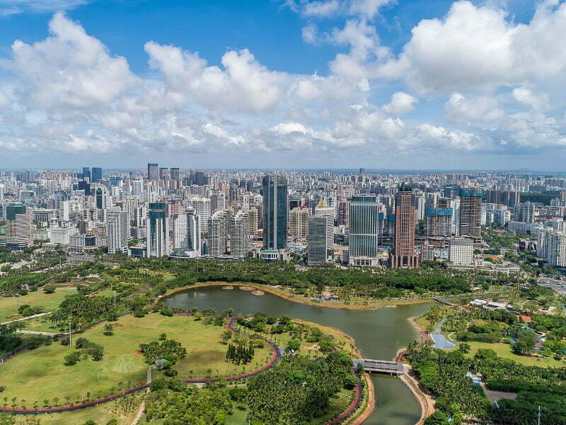 Haikou city views in China overlooking modern buildings from a high vantage point 