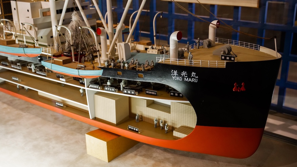 Yoko Maru cutaway ship model with crew figures, Hakodate City Hokuyo Museum, Goryokaku, Hokkaido, Japan Cutaway model of the ship Yoko Maru showing labelled interior work stations and small crew figures, in a display at the Hakodate City Hokuyo Museum in Goryokaku, Hakodate, Hokkaido, Japan.