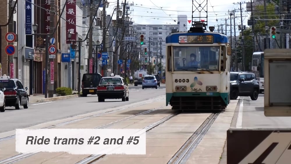Hakodate city tram on street tracks, Hakodate, Hokkaido, Japan – lines 2 and 5 A white and blue Hakodate city tram numbered 8003 approaches along street tracks in Hakodate, Hokkaido, Japan, with traffic signals, parked cars and shopfronts lining the road on an overcast day.