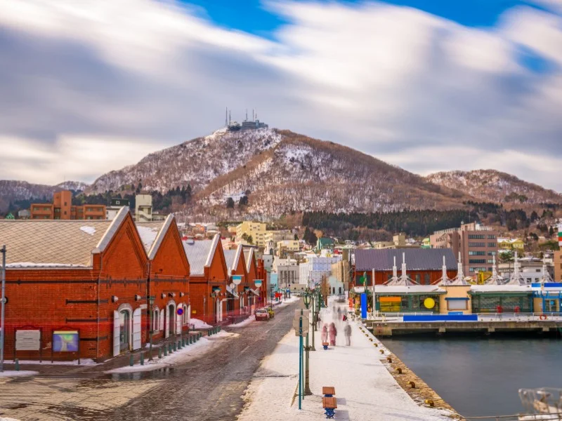 Hakodate colourful warehouse with mountain and harbour views in Japan 