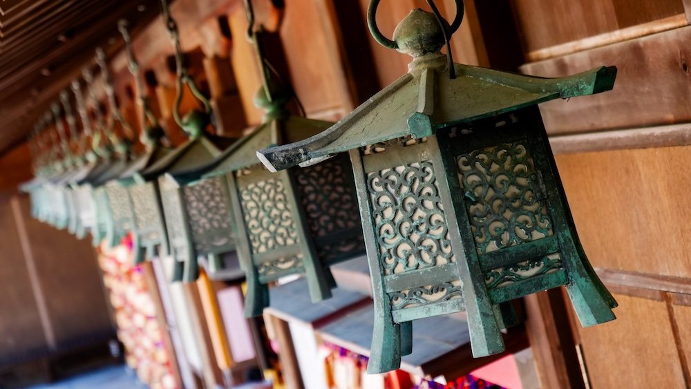 Hakusan Park and Shrine macro details of lanterns in Niigata, Japan 