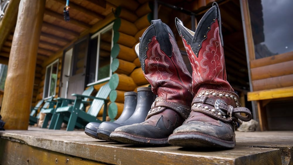 Worn red-and-black cowboy boots sit on the wooden porch at Halfway Lodge in Banff National Park, Alberta, Canada, with rubber boots and the rustic log lodge visible behind them.
