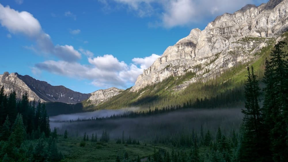Vista matinal desde Halfway Lodge en el Parque Nacional Banff, Alberta, Canadá, con bosque y neblina en el valle Vista matinal desde Halfway Lodge en el Parque Nacional Banff, Alberta, Canadá, con montañas rocosas sobre bosque de coníferas y una franja de neblina flotando por el valle del backcountry.