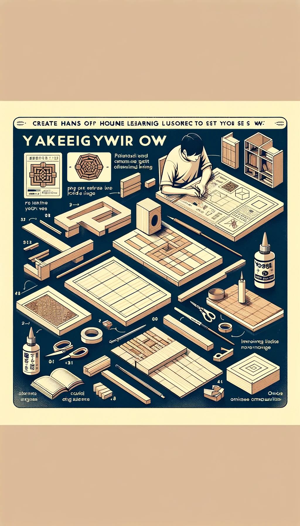 Hands-on experience of making your own Yosegi-zaiku. It depicts the process of creating a simple Yosegi-zaiku piece using a DIY kit, highlighting elements like pre-cut wood pieces, glue, and a beginner working on a geometric pattern includes representations of resources for home learning, such as online tutorials and involvement in online communities, capturing the accessibility and rewarding nature of learning this traditional Japanese craft.