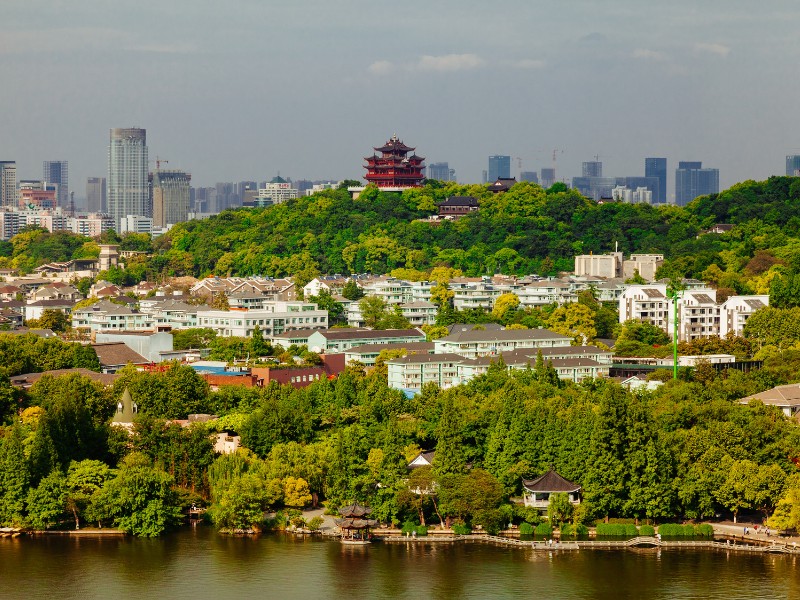 Hangzhou distant vantage point city views greenery in China 