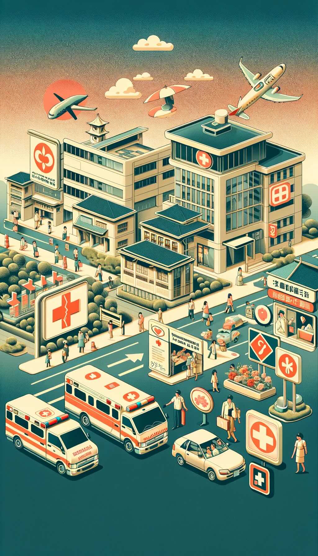 Healthcare and medical safety in Japan for tourists depicts various aspects of Japan's healthcare system, including modern hospitals, clinics, pharmacies, and the ambulance service. It visualizes scenes showing tourists interacting with healthcare professionals and emphasizes the importance of travel health insurance. The image includes elements representing common health concerns and prevention, like signs for heatstroke and insect repellent. The overall composition captures the harmony and efficiency of Japan's healthcare system, with the retro fade style adding a touch of nostalgia and warmth to the depiction of medical facilities and services