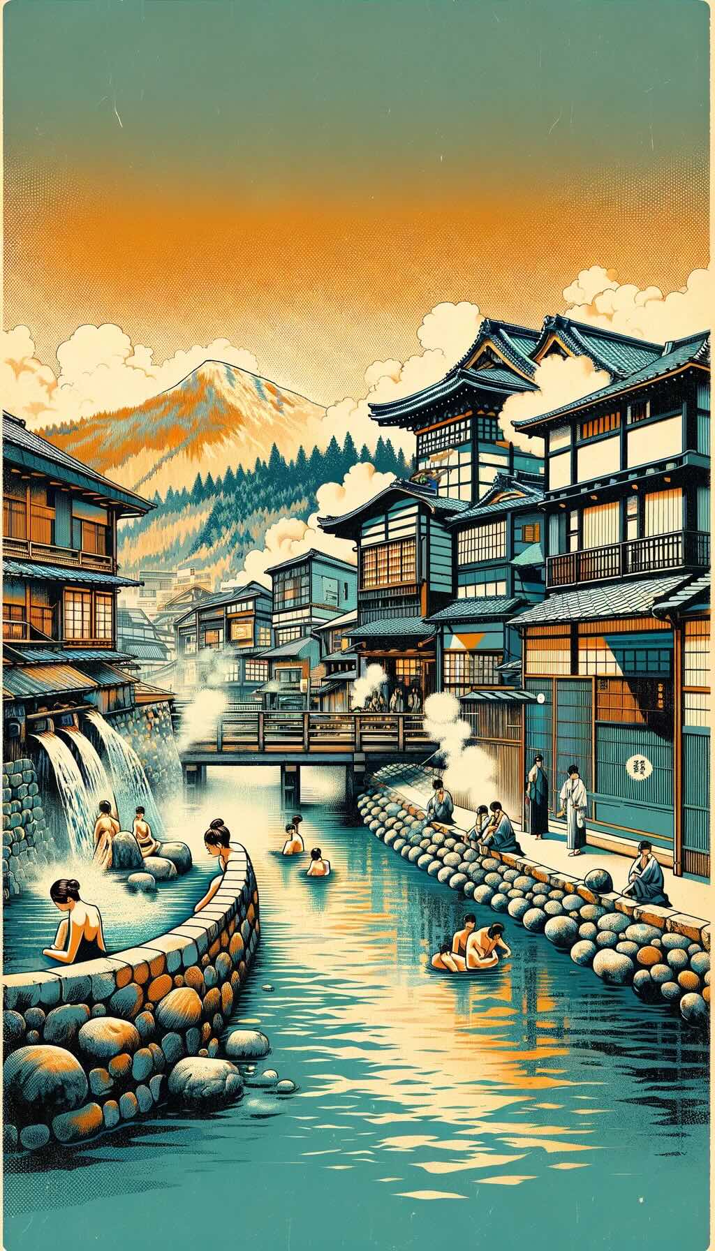 Heartland of onsen culture in Central Japan captures the essence of Kusatsu Onsen in Gunma Prefecture, highlighting its sulfuric waters and the Yubatake, along with the serene atmosphere of Shibu Onsen's historic charm and traditional ryokans vividly represents the blend of relaxation, tradition, and the distinct character of these renowned hot springs in Central Japan.