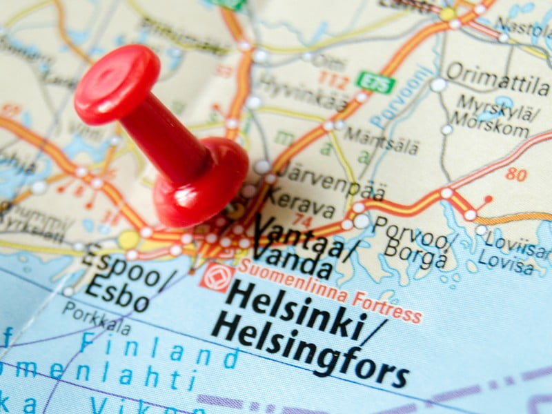 Helsinki pinned on a map in Finland 