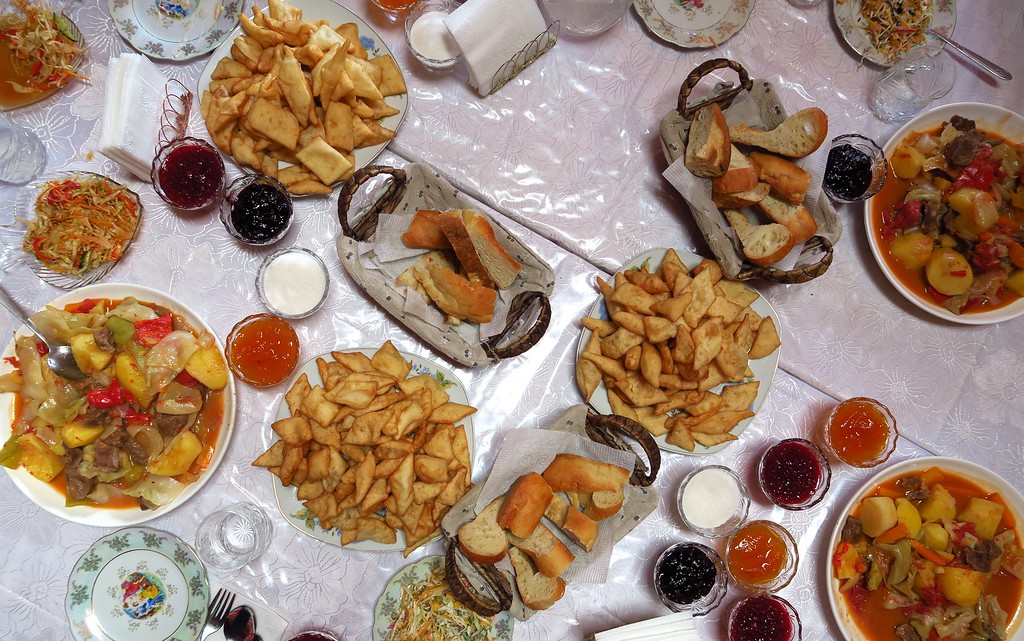 Here is an overhead shot of the various kinds of breads and jams you have at a typical Kyrgyz meal
