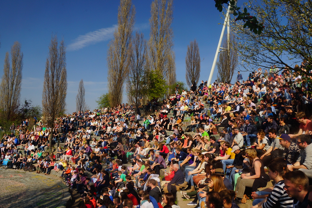 Here is the pit with a massive crowd prior to a live performance taking place at Mauerpark in Berlin

