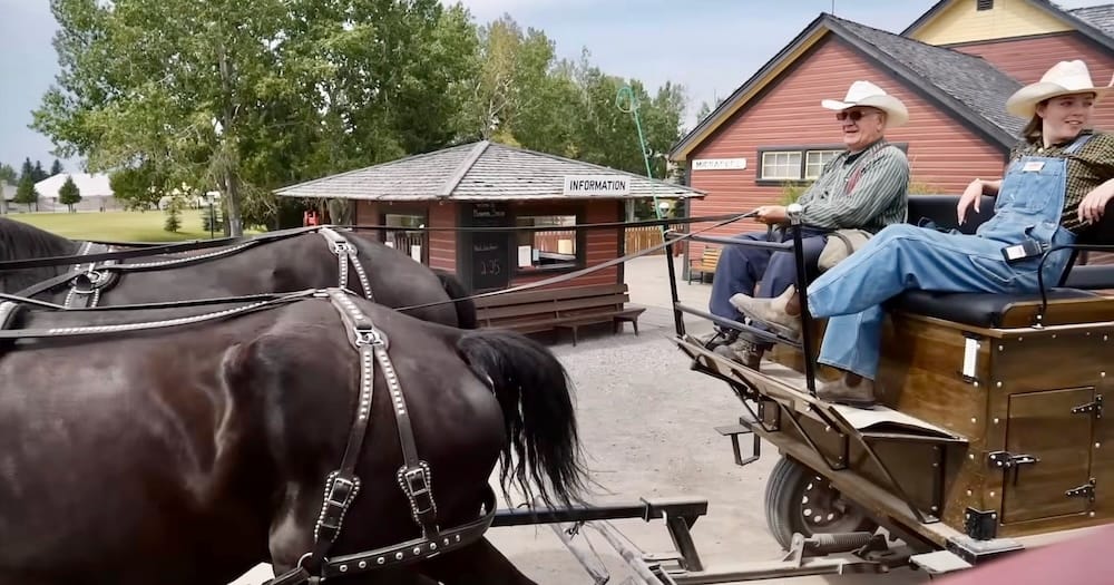 Horse-drawn wagon carrying costumed interpreters through Heritage Park Historical Village in Calgary, Alberta, Canada, with historic buildings and an information kiosk behind.
