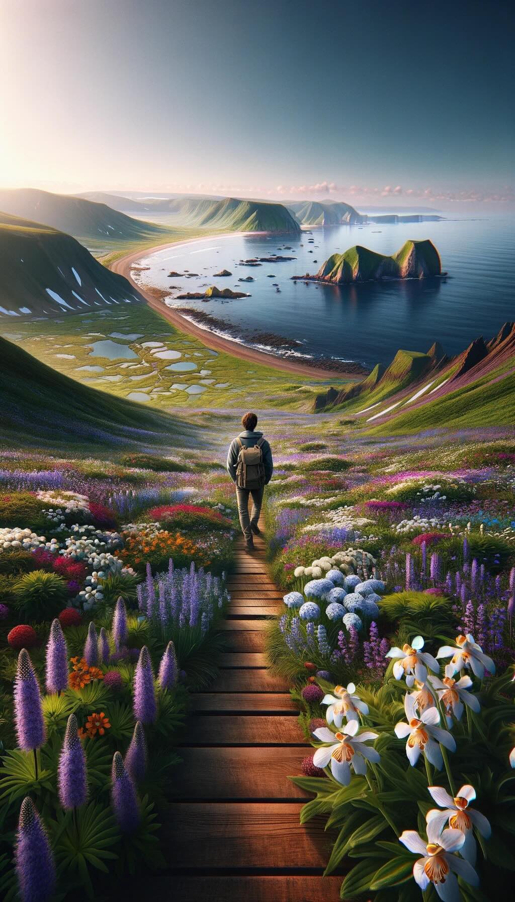 A hiker standing amidst a vibrant expanse of alpine flowers on Rebun Island, offering a phanoramic view of the Sea of Japan. Fields of lavender, edelweiss, and Rebun lady's slipper orchids create a colorful tapestry against the backdrop of the rugged coastline. The fresh, crisp air and the serene atmosphere encapsulate the island's wild beauty and tranquility. This moment of profound peace and solitude beautifully reflects the unique charm and natural splendor of Rebun Island. 
