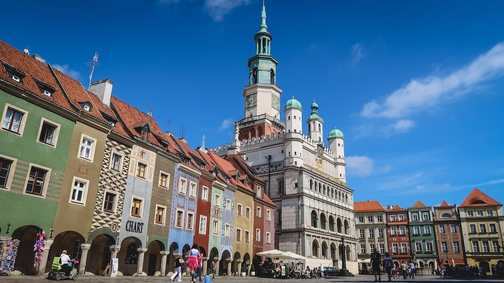 Historic Poznan downtown city centre featuring colorful buildings in Poland