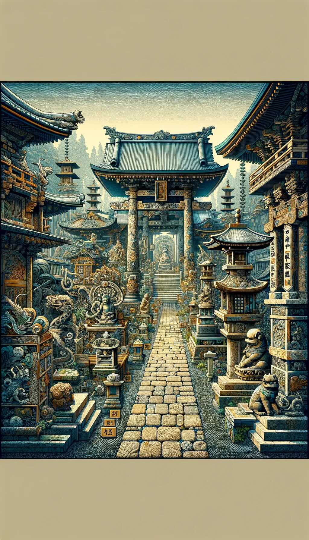 Historical and cultural importance of shrines and temples in Japan, depicts these sacred spaces as living chronicles of Japan's history, showcasing architectural elements and symbols such as gravel paths, torii gates, pagodas, intricate carvings, komainu (guardian lion-dogs), and Buddha statues. The depth and richness of symbolism in the architecture of shrines and temples are vividly conveyed, reflecting their role as centers of cultural, historical, and spiritual significance capturing the essence of these sacred spaces.