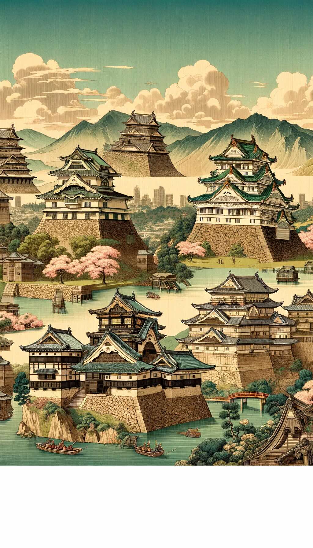 Historical castles of Japan, set in varied landscapes and beautifully rendered in a traditional style. 