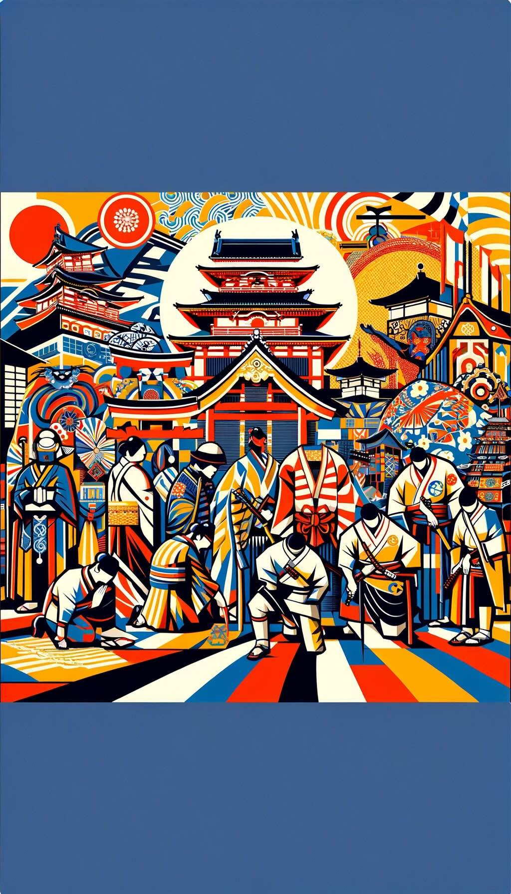 Historical significance of bowing in Japan,portrays various historical periods, from ancient Shinto rituals to the era of the samurai class in feudal Japan. The elements representing Shinto shrines and Buddhist temples, highlighting the religious influences on the practice of bowing. Figures resembling samurai are also depicted, symbolizing the role of bowing in feudal Japan and its association with the samurai code of conduct illustrating the enduring cultural significance of bowing in Japanese society.