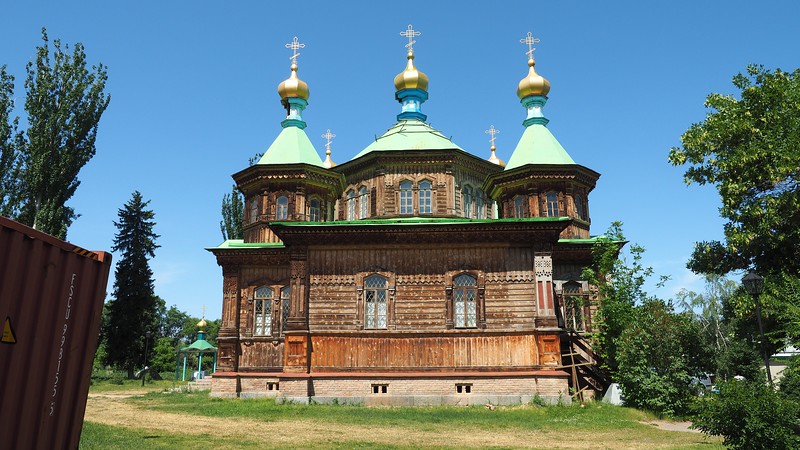 Holy Trinity Russian Orthodox Church wooden cathedral in Karakol, Kyrgyzstan