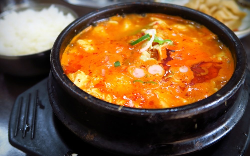 Hot Korean stew also known as Sundubu Jjigae in Yongin, Korea 