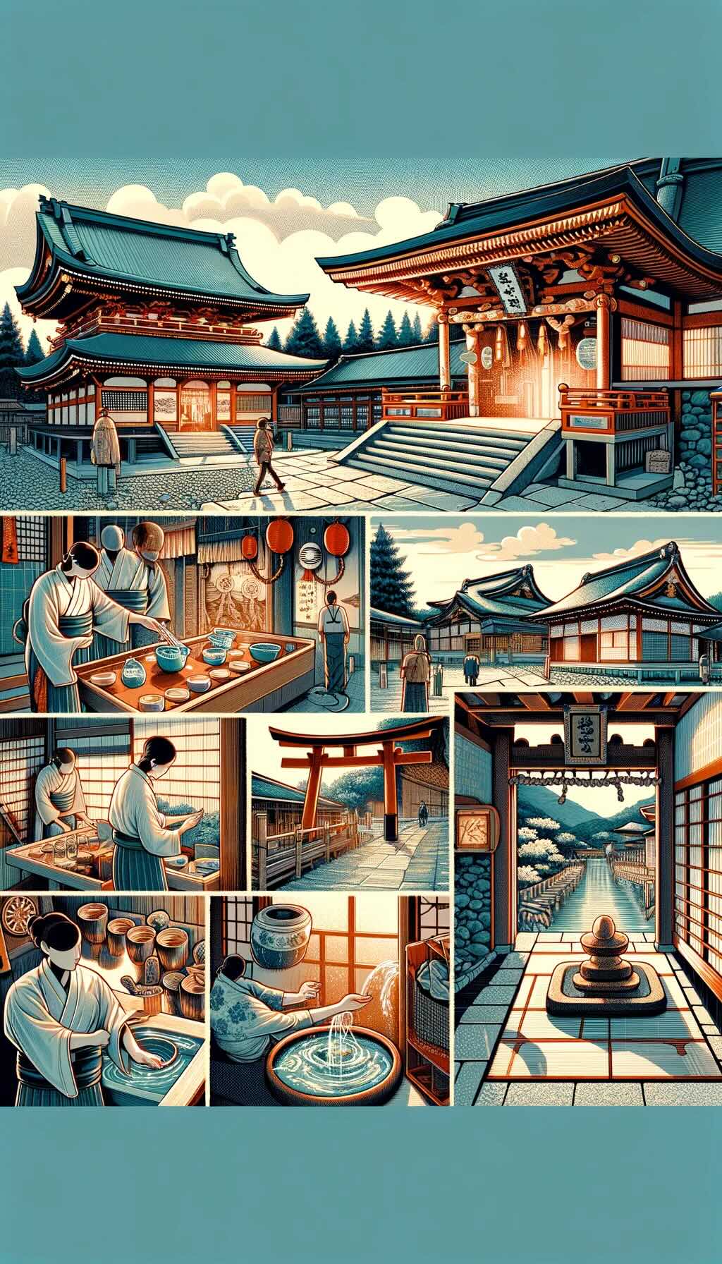 how to respectfully visit shrines and temples in Japan illustrates a traveler observing various respectful practices at Japanese shrines and temples, including scenes of proper dress code, cleansing rituals at the entrance (such as washing hands and mouth), quiet and contemplative behavior inside the shrine or temple grounds, and proper etiquette for offering prayers or donations. The image captures the essence of respecting the sacred and spiritual nature of these places, highlighting the cultural significance and reverence associated with visiting shrines and temples in Japan accurately represents the serene and solemn atmosphere of these cultural landmarks