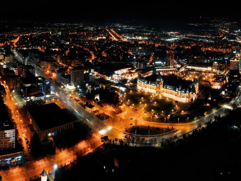 Iasi aerial views at night in Romania 