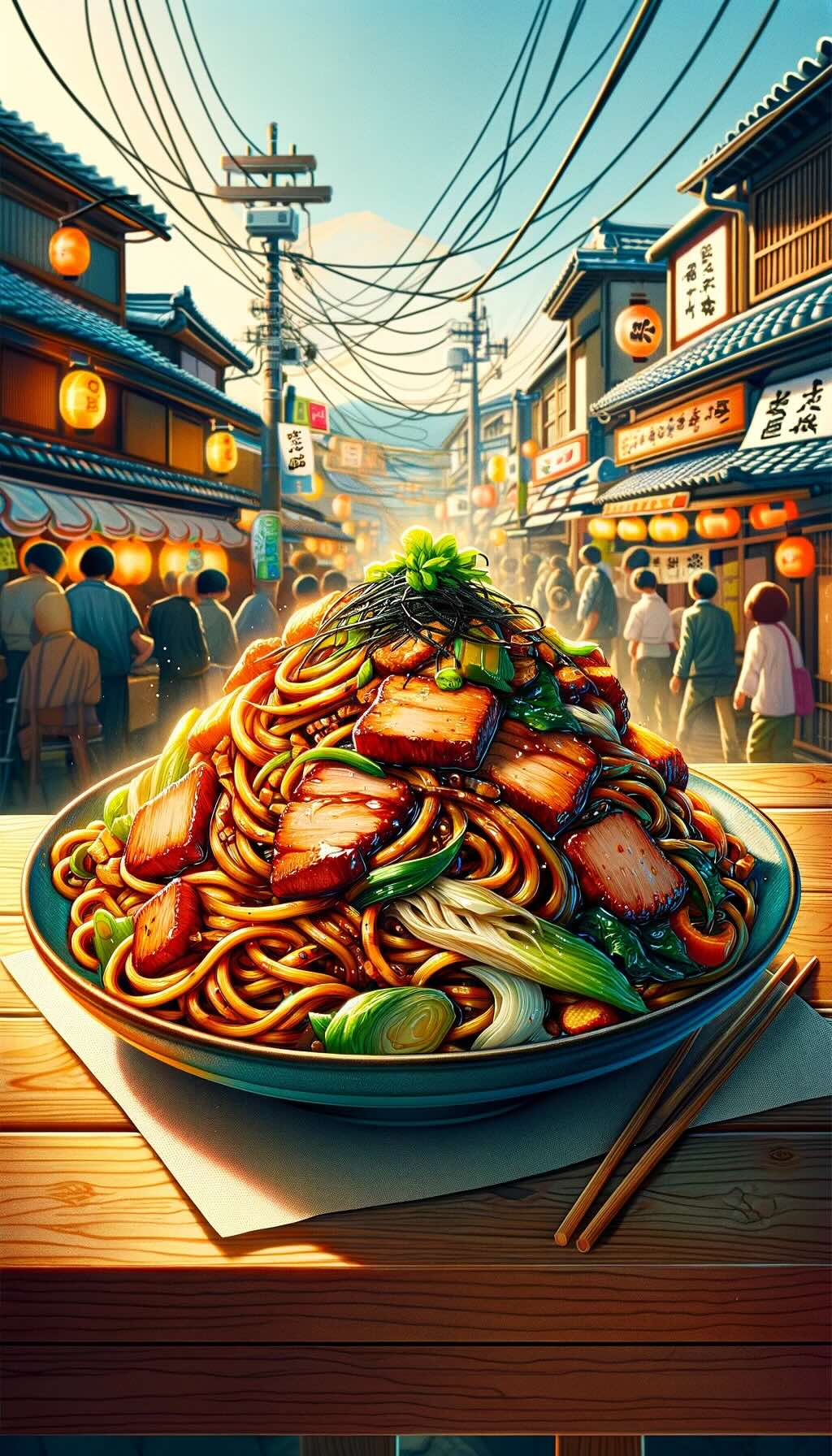 Iconic Fujinomiya Yakisoba, a culinary staple of Fujinomiya, Japan depicts the dish with its distinctive flavors and textures, set in a vibrant and lively setting