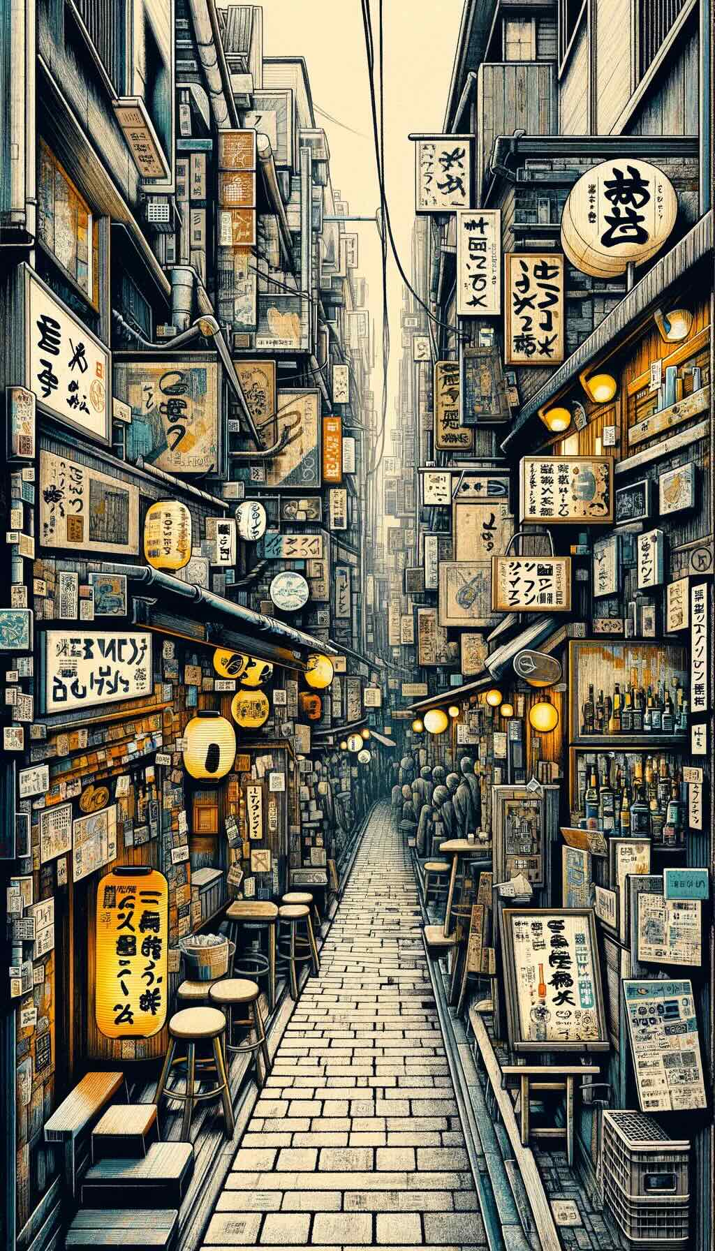 Iconic Golden Gai district in Tokyo showcases the district's maze-like alleys and tiny bars, highlighting its nostalgic and old-world charm. The artwork conveys the intimate and unique experiences offered in Golden Gai, with scenes of narrow lanes lined with aged wooden bars and interiors adorned with vintage décor. The style is abstract and imaginative, reflecting the blend of history and culture in Golden Gai and its significance as a symbol of Tokyo's past amidst modernization