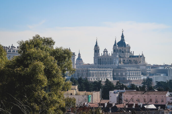 Iconic views of Madrid, Spain from a high vantage point 