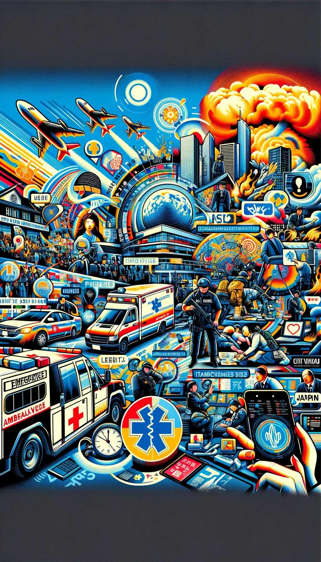 Illustrating emergency preparedness in Japan. The artwork depicts the advanced emergency services system in Japan, including police, fire, and ambulance services. It visualizes elements such as police officers assisting individuals, firefighters in action, ambulances providing medical care, and travelers navigating language barriers with translation apps or phrasebooks. The image also includes scenes showing public broadcast systems during major disasters and travelers preparing for emergencies. The artwork merges the vibrant and dynamic Neo-Pop art style with the imaginative and structured Neo-Avant Garde style, highlighting the efficiency and community-oriented approach of Japan's emergency services